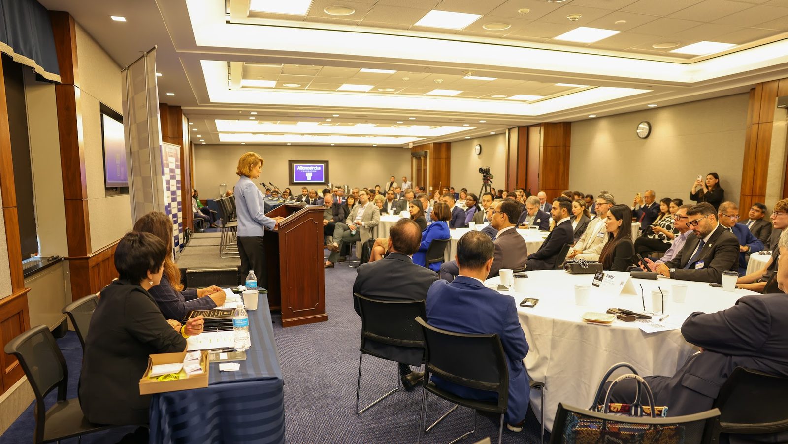 Ambassador Tamar Taliashvili of Georgia speaks at the podium as delegates at round tables listen