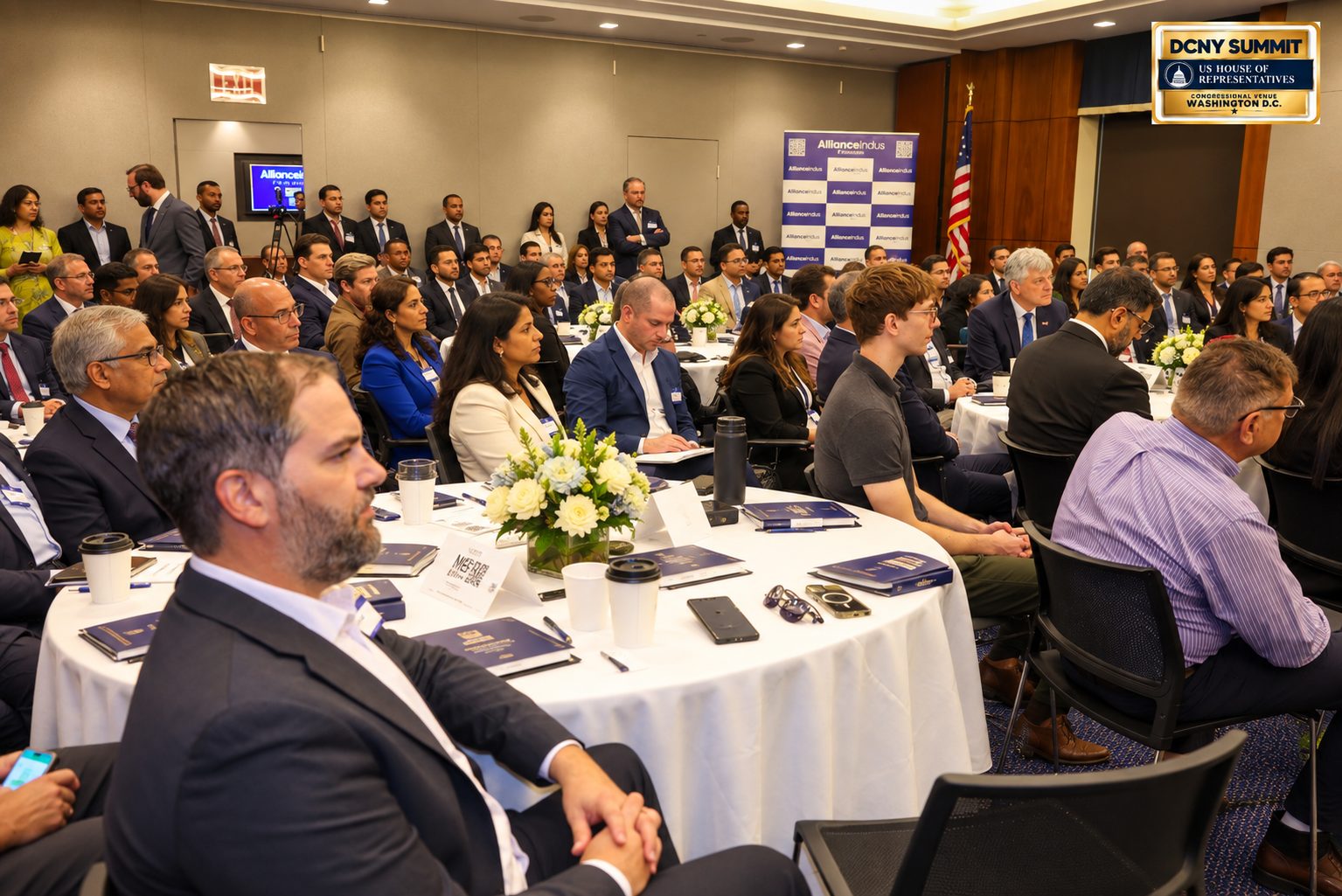 Guests at round tables fill the room, with AllianceIndus banners and an American flag at the back