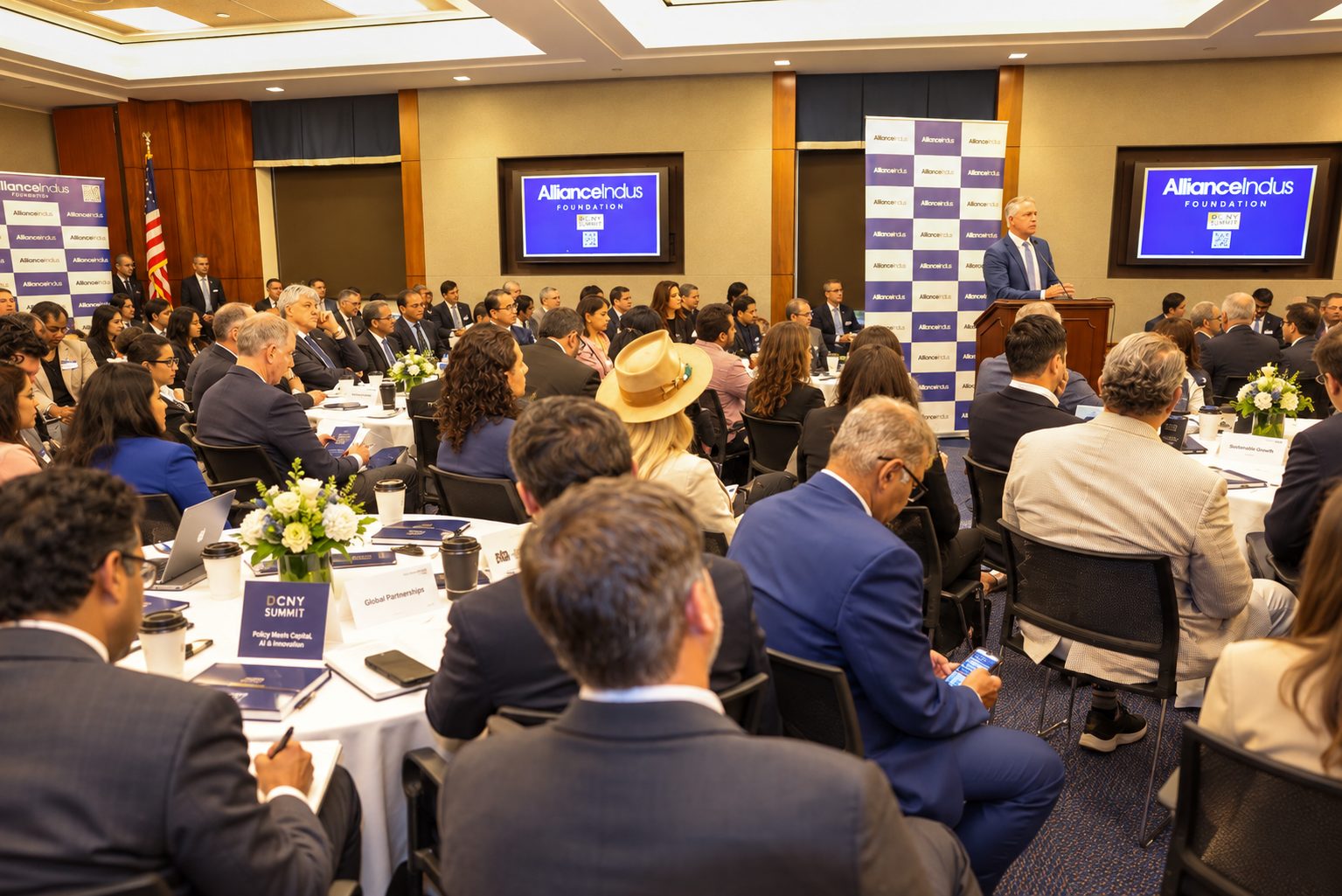 A full conference room of round tables, seen from the back, with Sen. Roger Marshall at the podium beside AllianceIndus screens