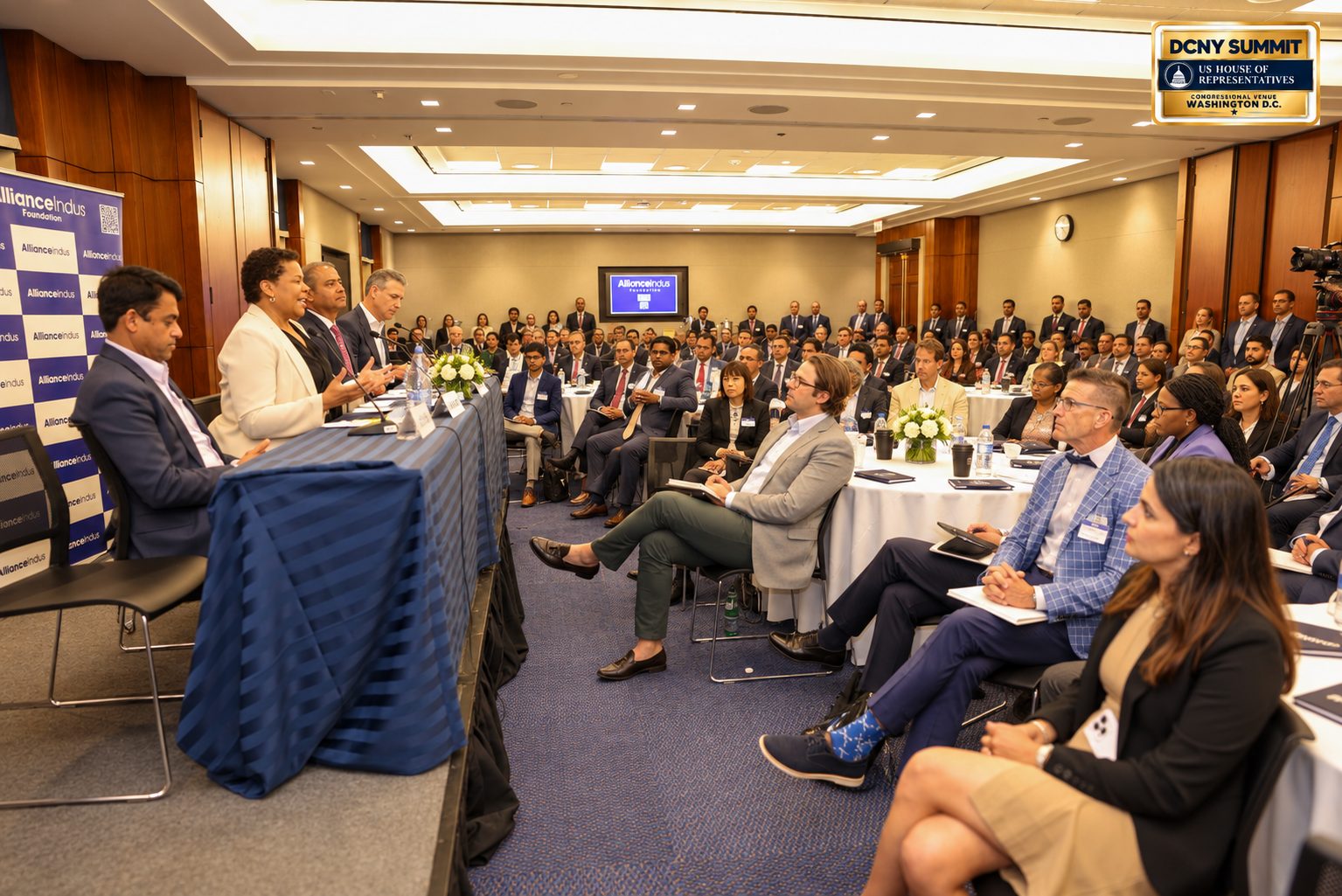 Panelists at a draped table address a packed room during the World Bank AI and Georgetown University session
